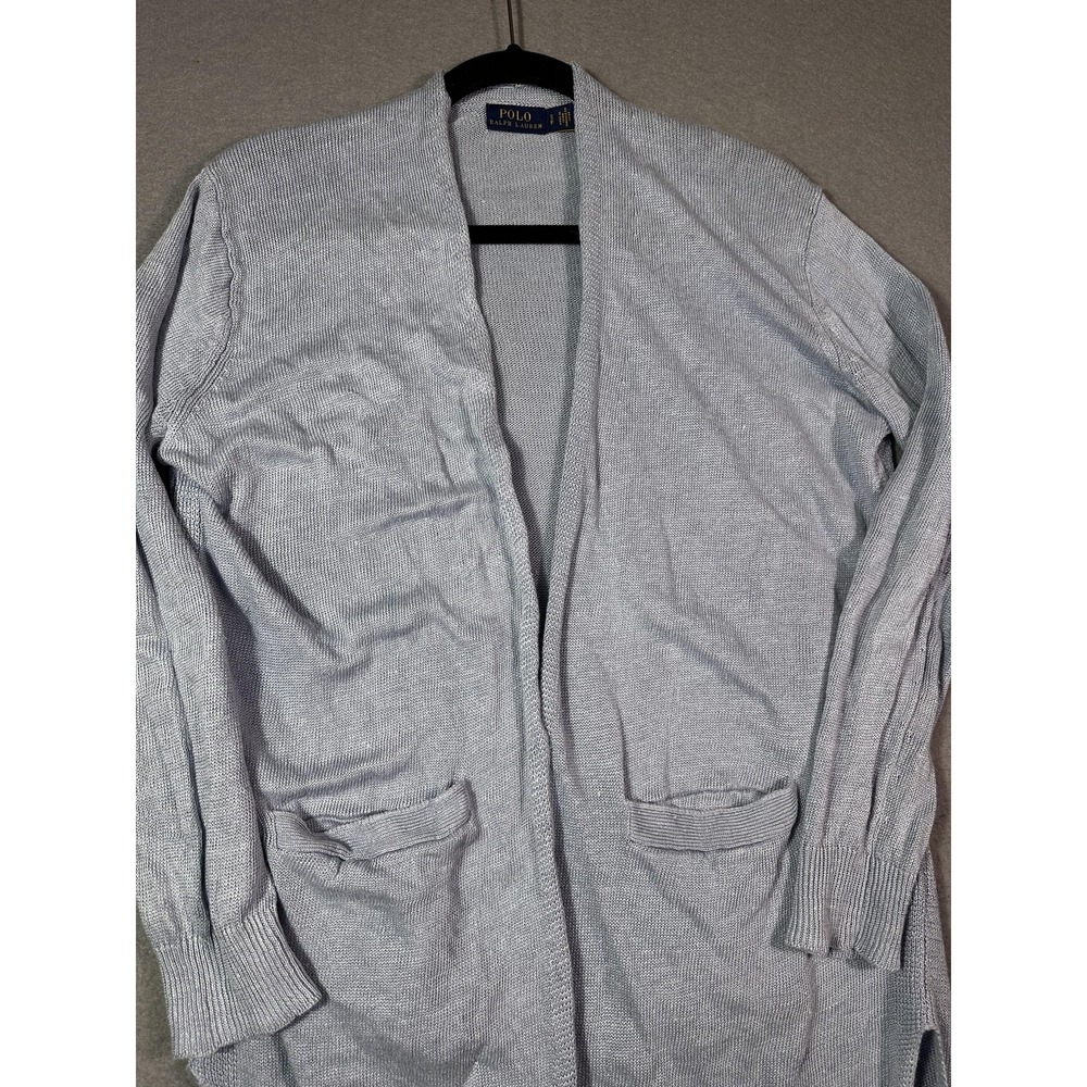 Polo Ralph Lauren Cardigan Sweater Womens Small Blue Linen Long Open Front Knit